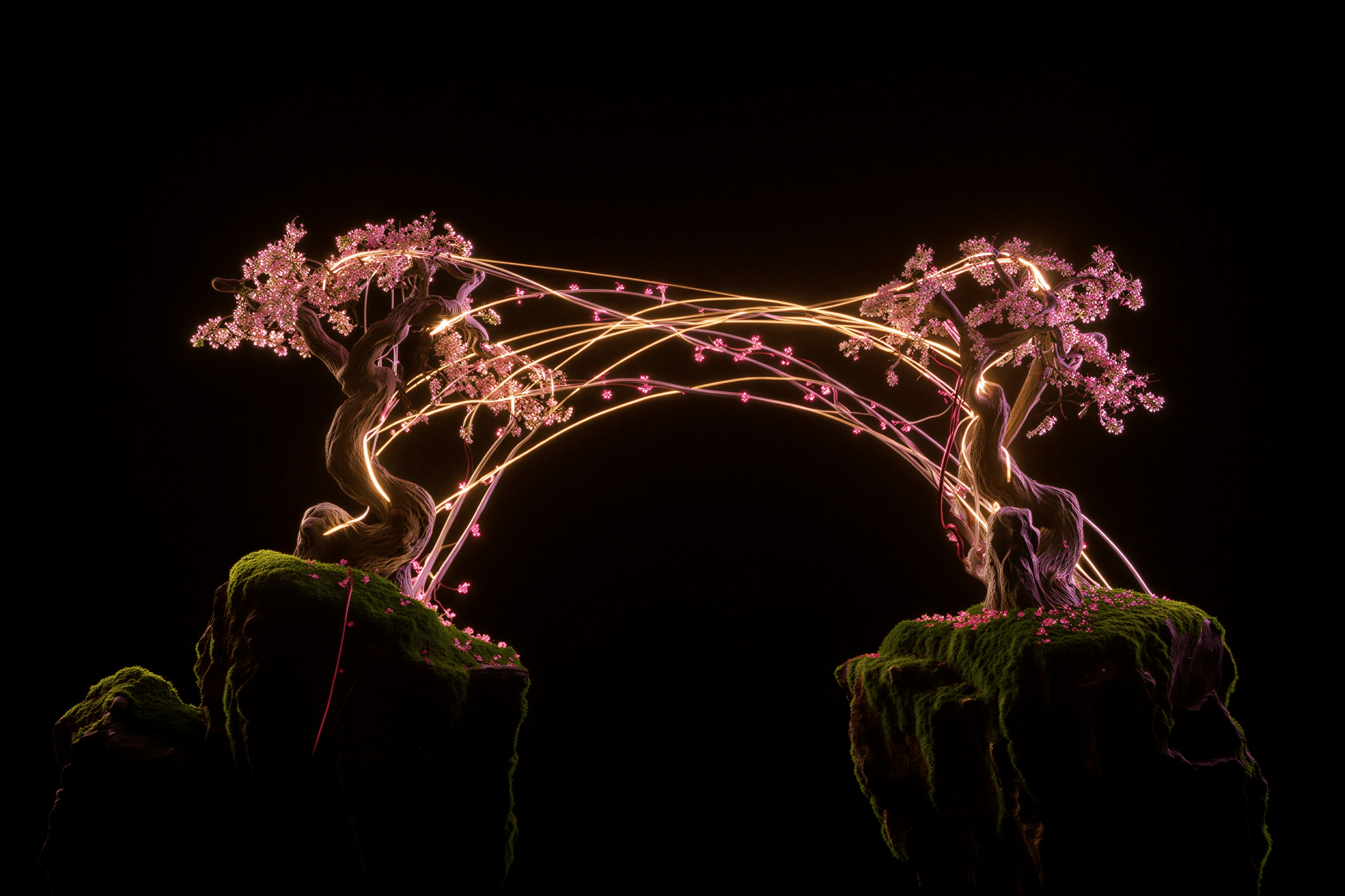 Two glowing trees linked across a shared world scene